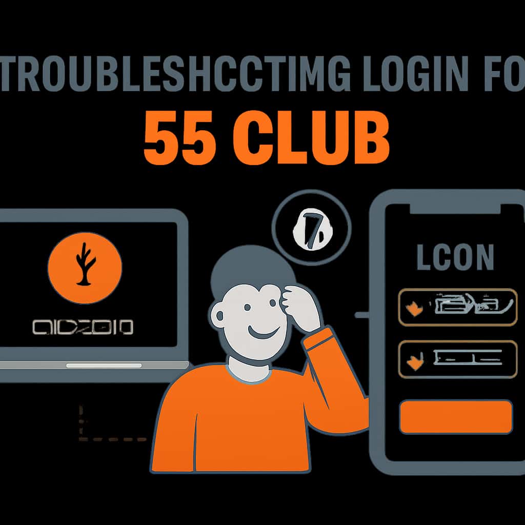 An educational diagram on resolving login issues for the 55 Club.